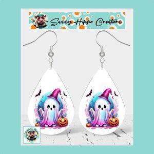 Earrings Pink Ghost Jack O Lanterns Black Bats Halloween Hand Sublimated Printed